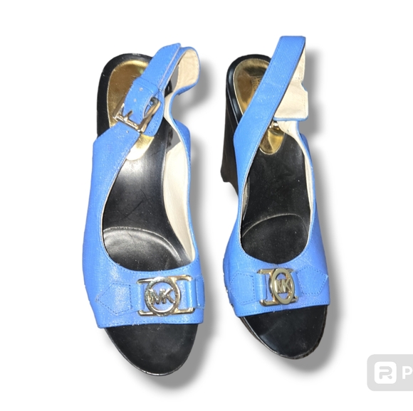 Michael Kors blue and black slingback wedges with gold MK Logo hardware size 6M - Picture 3 of 8